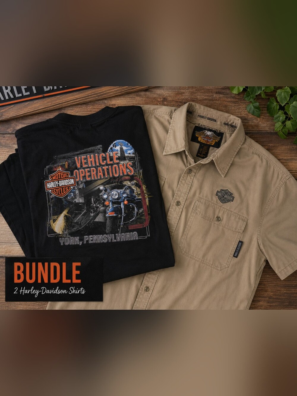 Harley-Davidson Black Graphic Tee & Tan Button Down Shirt Bundle L/XL